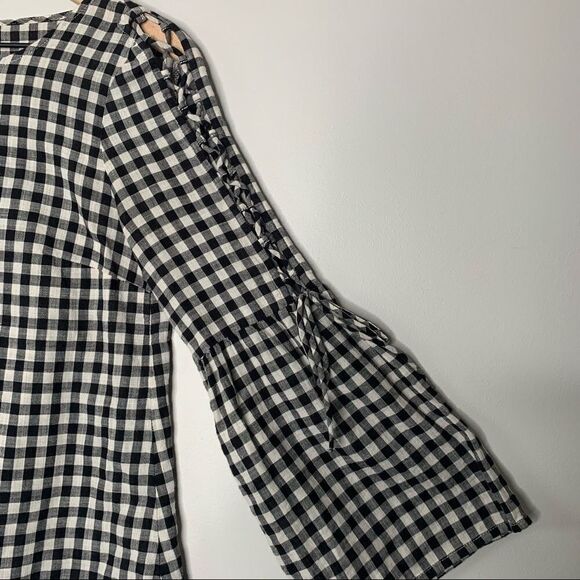 Madewell Gingham Lace-Up Bell-Sleeve Top - Picture 3 of 6